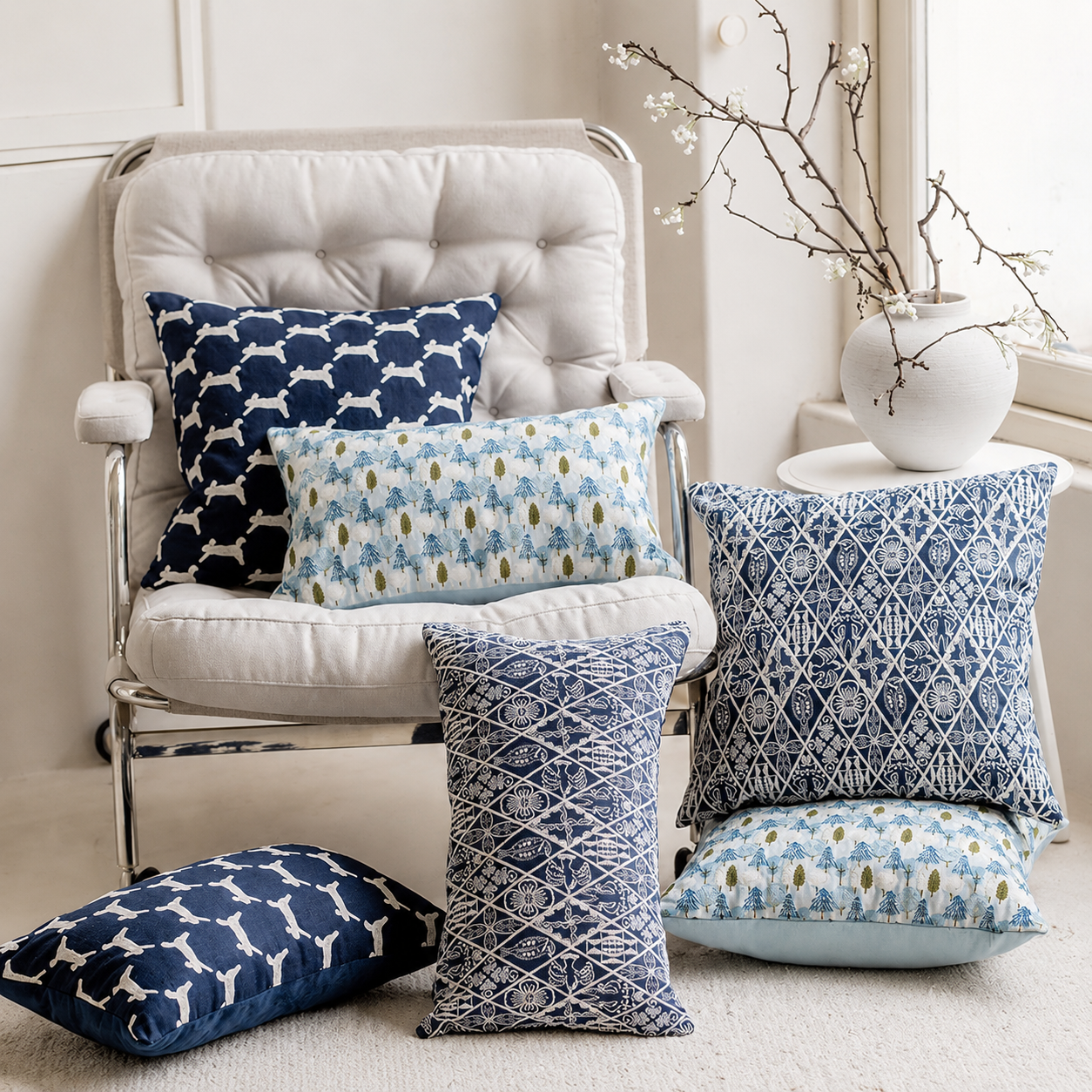 Coastal Cottage Collection Square Pillow - Indigo Trellis