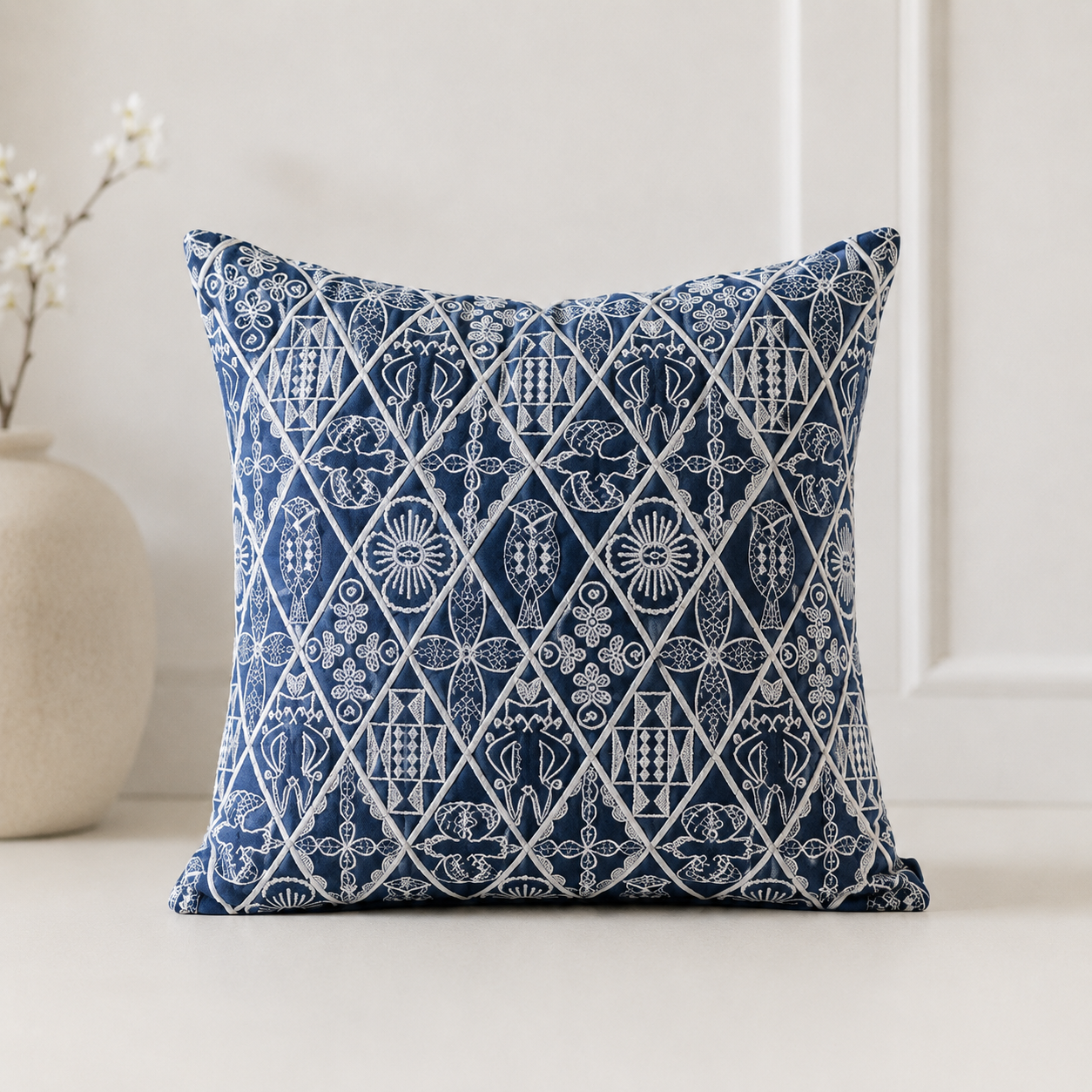 Coastal Cottage Collection Square Pillow - Indigo Trellis